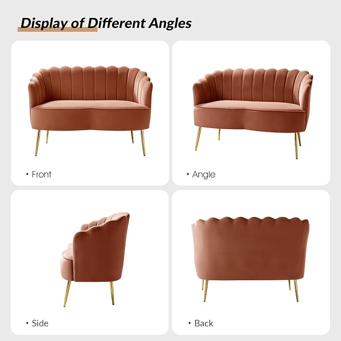 Velvet Upholstered Loveseat Sofa with Gold Metal Legs, Modern Comfy Small Love Seat with Flower Shaped Back, 2-Seater Sofa Accent Couch for Living Bedroom Leisure Areas, Coral