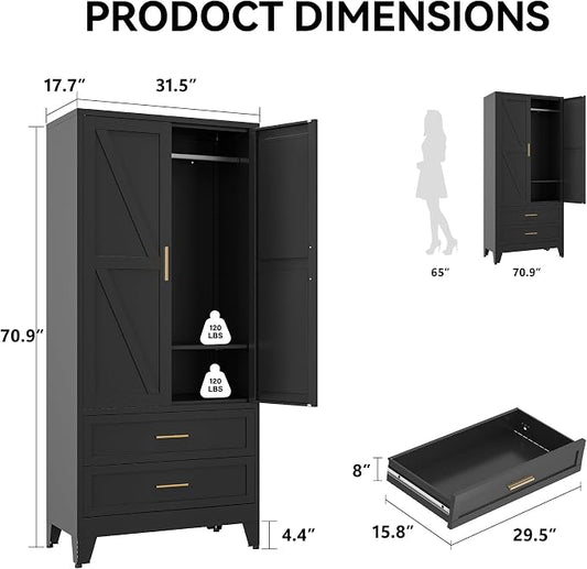 COFaR Black Metal Wardrobe Closet with 2 Drawers, 71" Steel Armoire Cabinet with Hanging Rod & Adjustable Shelf, Modern Freestanding Closet Organizer with Doors