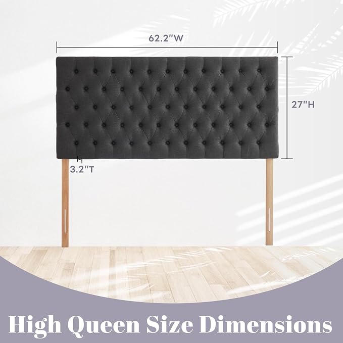 Upholstered Queen Headboard Only, Premium Linen Button Tufted Headboards, Adjustable Solid Wood Head Board, Padded Headboard with Solid Wood Legs in Bedroom (Dark Gray)