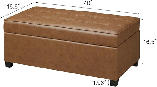 Asense 40" Storage Ottoman Bench, Faux Leather Tufted Upholstered End of Bed Bench with Safety Hinge for Bedroom,Entryway,Living Room,Caramel Brown