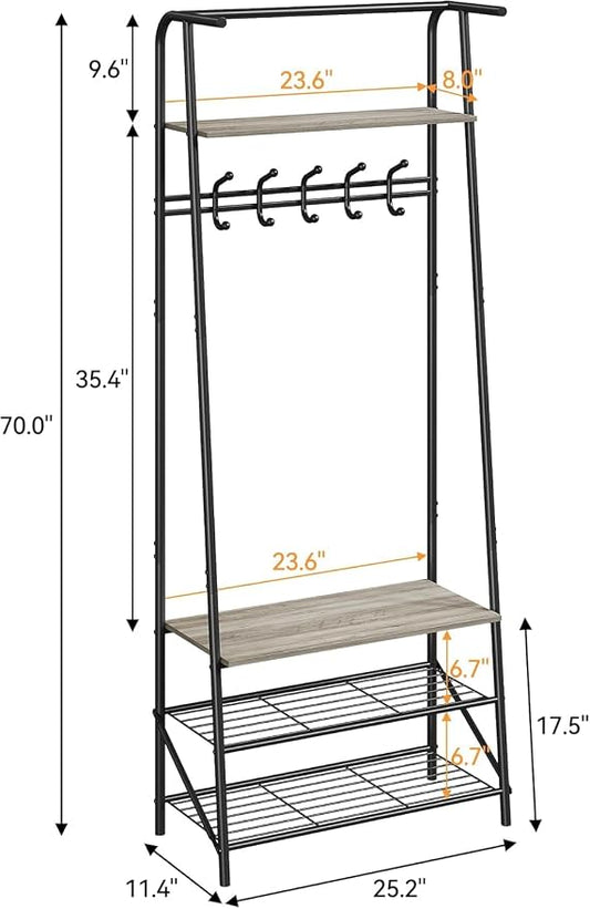 OUTLANE Entryway Hall Tree with 5 Hooks, Shoe Bench & Storage Shelf, Coat Rack Organizer with Wood Accents and Metal Frame for Entryway, Living Room, Bedroom, Gray-Single row