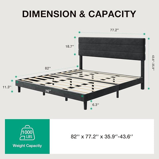 Novilla King Size Bed Frame, King Bed Frame and Headboard, Velvet Upholstered Pull-Point Bed Frames, No Box Spring Needed, Metal Support Heavy Duty Feet, Easy Assembly, Black Velvet