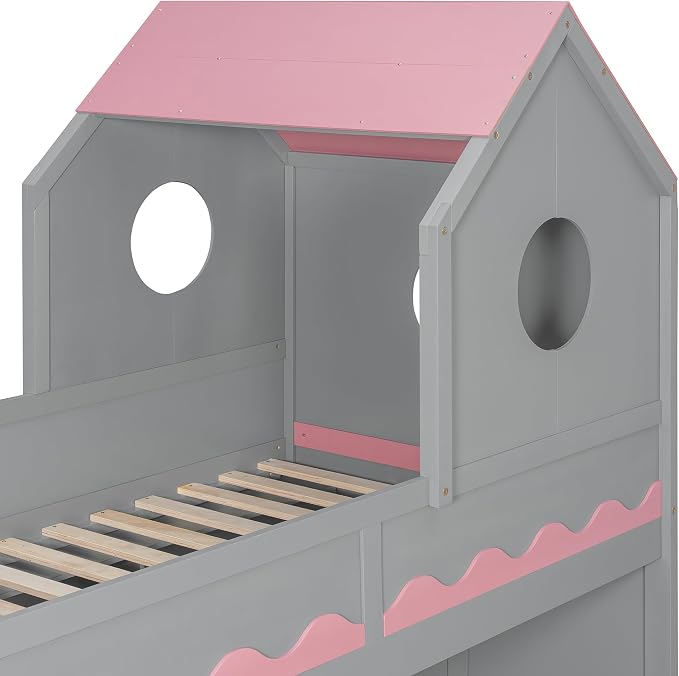 Virubi Twin House Bunk Bed with Stairs and Drawers,Wood Castle Bed with Storage Drawers Shelves& LED Lights (Twin Over Twin,Grey)