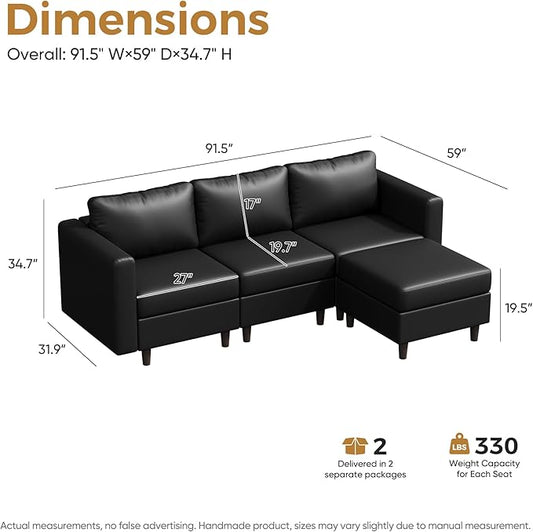 ABCASA L-Shaped Leather Couch, 4 Seater Oversized Faux Leather Couch with Waterproof Covers, Modular Sectional Modern Couch with Movable Storage Seat Ottoman for Living Room, Bedroom Apartment,Black