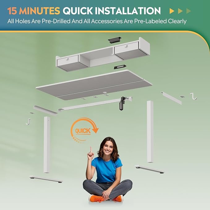 DEVAISE 55 Inch Electric Standing Desk with Shelf, Adjustable Computer Desk for Home Office, with LED Touchscreen, Headphone Hook, 3 Memory Preset, with One-Piece Desktop, White