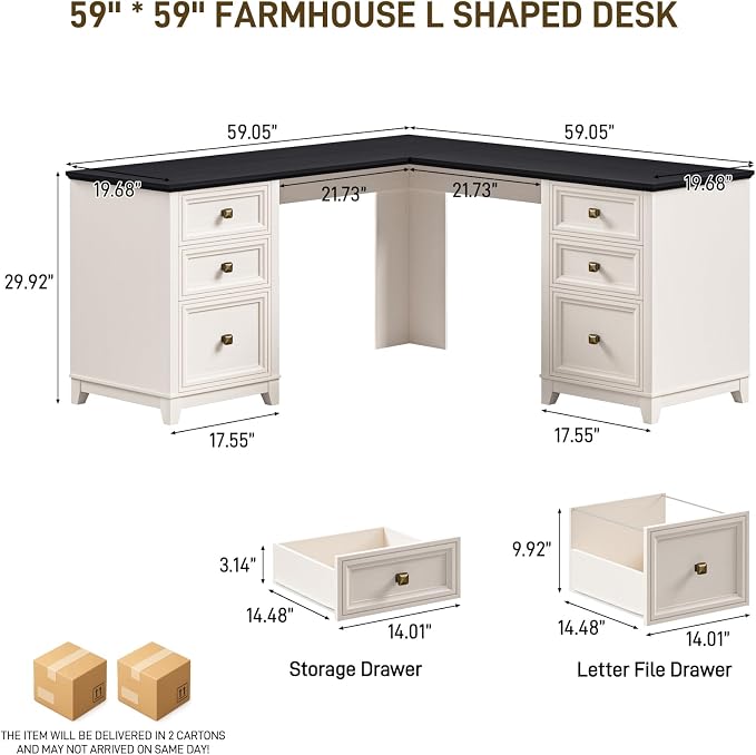 Vabches Farmhouse L Shaped Executive Desk with 6 Drawers, 59’’ Wood Home Office Desk with File Cabinet, Writing Corner Computer Desk for Home Office, Work, Study, White and Black