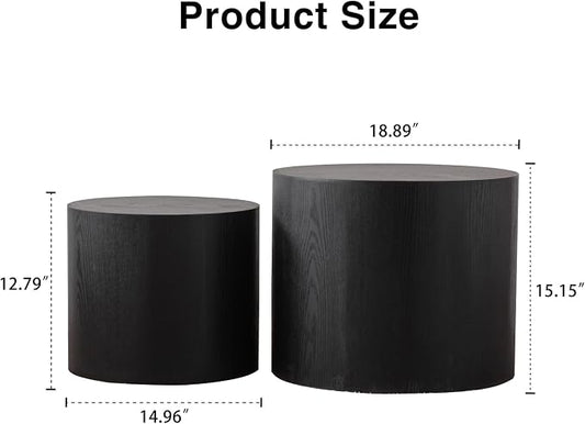 Nesting Round Coffee Table Set of 2, Circle Accent End Table for Small Spaces, Morden Drum Side Table, Wooden Center Table for Living Room, Fully Assembled - Black
