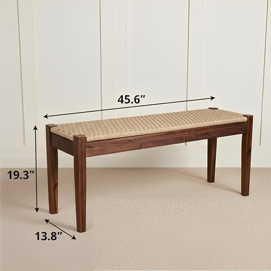 Vintage Entryway Bench, 45 inch Acacia Wood Bench with Woven Rope Seat, Wicker Bench Indoor for Hallway, End of Bed, Rustic Farmhouse Boho Style, Rope Dining Bench (Dark Brown)