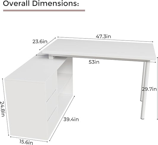 Home Office Computer Desk Corner Desk with 3 Drawers and 2 Shelves, 53-inch L-Shaped Study Desk with Storage, White