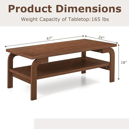 Giantex Mid Century Modern Coffee Table, 47" 2-Tier Center Table with Storage Shelf, Rectangular Vintage Cocktail Table w/Curved Legs & Large Tabletop, Wood Living Room Tables for Apartment, Walnut