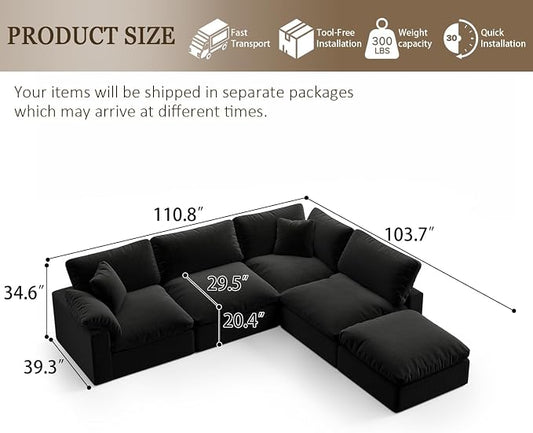 143" Cloud Modular Sectional Sofa,Black Down Filled Sofa 4 Seat with Chaise,Minimalist Sofa Cover Washable and Replaceable Couches for Living Room,Sectional Sofa Deep Seat