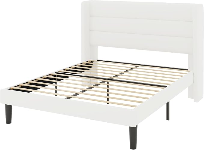 Allewie Queen Size Platform Bed Frame with Velvet Upholstered Wingback Headboard, No Box Spring Needed, Under Bed Storage Space, Strong Wooden Slats, Modern Mattress Foundation, Easy Assembly, White