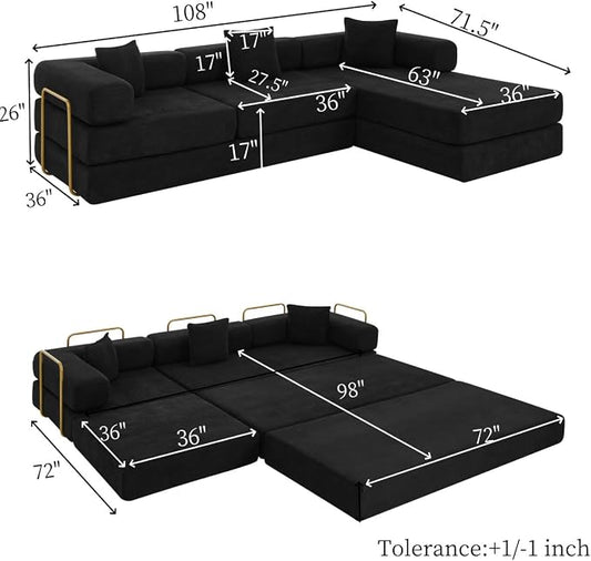 HANXIN 108" Modular Sectional Sofa,Futon Convertible Sofa Bed,Oversized Corduroy Boneless Couch for Living Room,Floor Loveseat Sleeper with Pull Out Bed,Free Combination,No Assembly Required (Black)