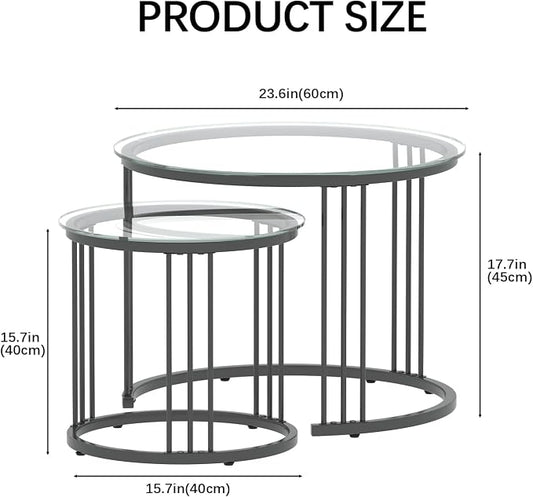 Garden 4 you Nesting Coffee Table, 23.6" Round Coffee Table Set of 2, Glass Nesting Table with Metal Frame, Ceter Tables for Living Room Bedroom Balcony, Black