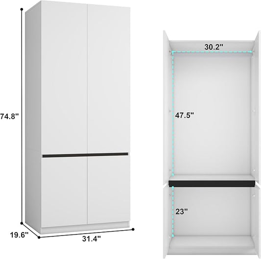 Bedroom Armoire Wardrobe Closet with 6 Doors: 75" White Wardrobe Cabinet for Clothes, Wooden Closet with Hanging Rod, Modern Armoire with Shelves (3)