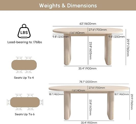 homary Extendable Oval Dining Table 63"-79", Japandi Style Kitchen Table for 4-6 People, Double Pedestal Base, Space-Saving Design for Family Gatherings, Holiday Dinners (Table Only)