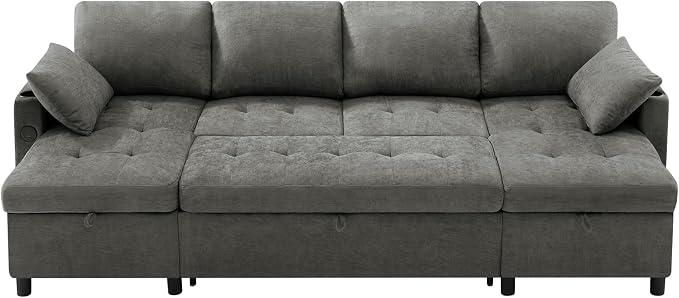 110" U-Shape Reversible Sectional Sofa Bed w/USB Port, Light Grey | Upholstered Sleeper Couch w/Adjustable Backrest and Storage Chaises, Chenille Modern Sofa w/Pull-Out Bed for Living Room