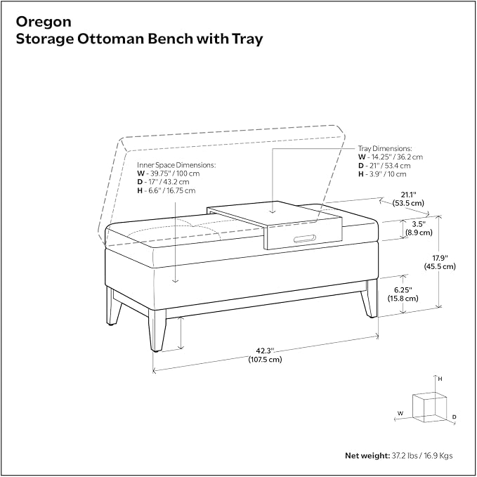 SIMPLIHOME Oregon Storage Ottoman Bench with Tray - 42 inch Wide Upholstered Vegan Leather Rectangle Ottoman Bench in Tanners Brown, Transitional Tufted Ottoman for Living Room with Lift-Up Lid