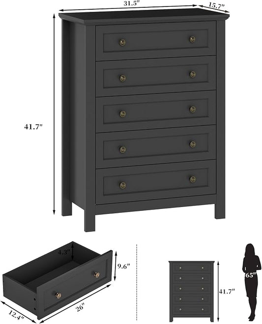 Farmhouse Dresser Nightstand Sets, 3-Piece Bedroom Furniture Set for Home | 5 Drawer Dresser Closet & 3 Drawer Nightstand Set of 2, Chest of Drawers for Bedroom, Living Room, Entryway, Black