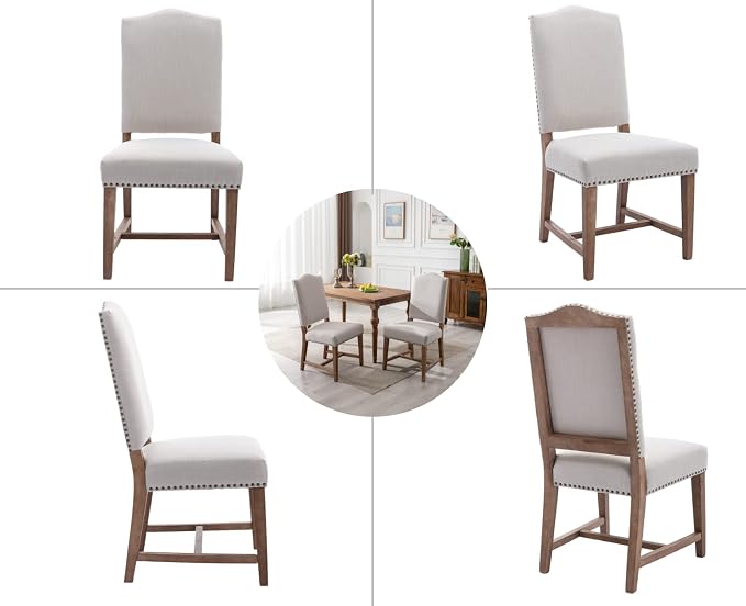 Ealson Farmhouse Dining Chairs Set of 8 with Wood Legs & Nailhead Trim - Mid Century Modern High Back Padded Parson Chairs in Linen Beige