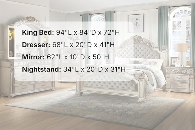 First of a Kind Platinum Traditional 5 Piece King Bedroom Set with Upholstered Tufted Headboard Elegant European Inspired Design Coordinated Furniture Collection, Silver