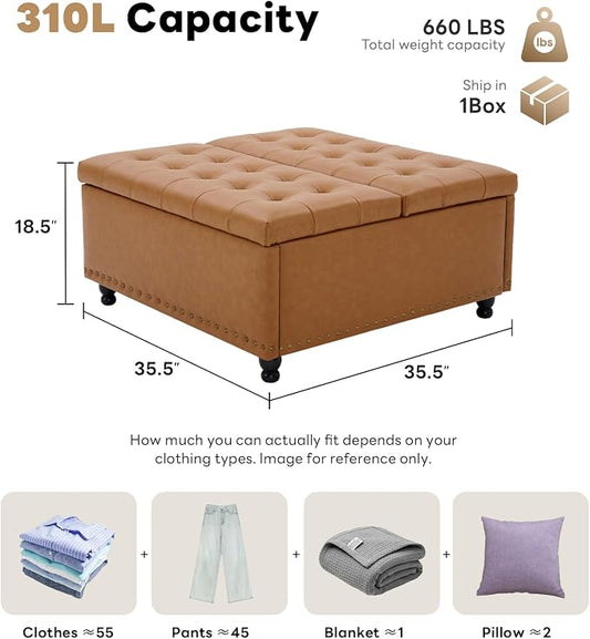 Tbfit Large Square Storage Ottoman Bench, Tufted Upholstered Coffee Table Ottoman with Lift Top & Wooden Legs, Oversized Storage Ottomans Toy Box for Living Room (Camel PU)