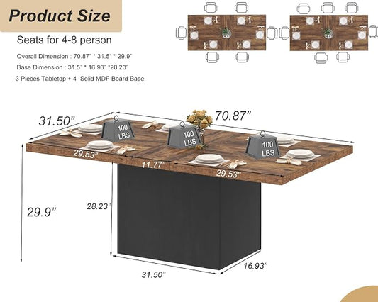 HSH Dining Table for 6 to 8, 71” Wood Rectangular Dinner Table, 6 ft Industrial Kitchen Table only with Black Pedestal, Modern Large Dining Room Table for Home Gathering Office, Rustic Brown, 71 Inch