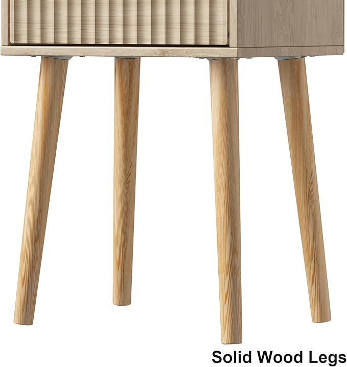 LAATOOREE Nightstands Set of 2, Small Side Table, Bedside Table with Fluted Door, Solid Wood Feet; Modern Mid-Century End Table for Bedroom, Small Space (Natural)