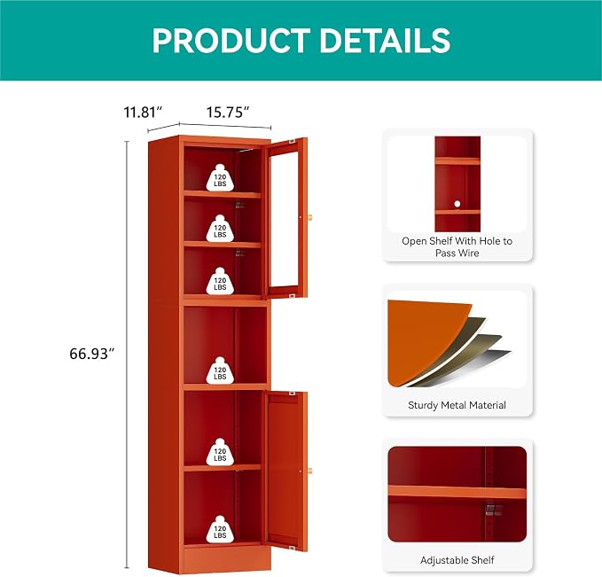 67" Tall Metal Narrow Storage Cabinet with Glass Door and Open Shelf, Shaker Style Slim Cabinet with Adjustable Shelves for Kitchen Bathroom Living Room Laundry Small Spaces, Orange, 1Pc