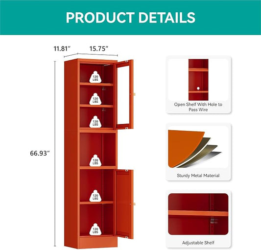 67" Tall Metal Narrow Storage Cabinet with Glass Door and Open Shelf, Shaker Style Slim Cabinet with Adjustable Shelves for Kitchen Bathroom Living Room Laundry Small Spaces, Orange, 1Pc