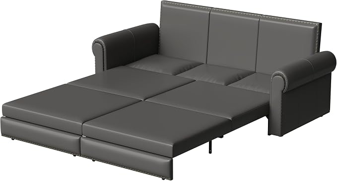93.7" King Size Sleeper Sofa Bed, Pull Out Sofa Bed, Faux Leather Upholstery, 3 in 1 Convertible Sleeper Couch, Chaise Lounge, Retro Recliner for Living Room, Apartment, Office, Grey