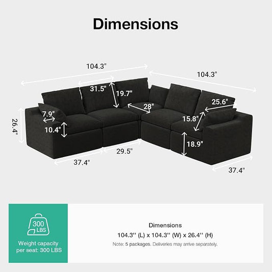 Novilla 104.3" Modular Cloud Couch, Modern Sectional Sofa with Smarts Coil® Support, Chenille Fabric, Upholstered Couch for Living Room Apartments Bedroom, No Assembly, 5 Seater, Dark Grey
