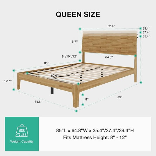 Novilla Queen Bed Frame with 3-Level Adjustable Storage Headboard, Solid Wood Platform Bed Frame with Slats, No Box Spring Needed, Noise Free, Natural Finish for Master Bedroom and Guest Room