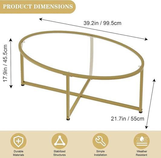 Wolawu Coffee Table Gold Oval Glass Coffee Tables for Living Room,Modern Gold Metal Frame Tea Tables for Small Space, Tempered Glass Top Center Table with Stable Cross Base for Bedroom, Office,Balcony