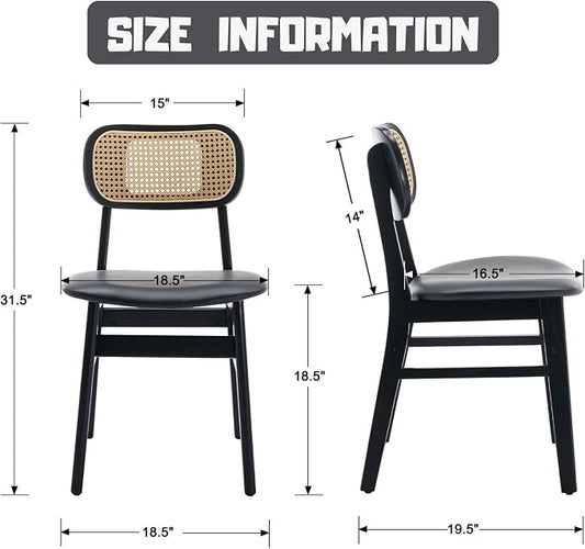 ROCITY Black Dining Chairs Set of 2 Faux Leather Dining Room Chairs with Rattan Back Farmhouse Kitchen Chairs Wooden Side Chairs