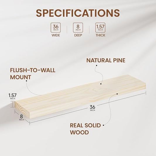 Heimlove Unfinished Wood Floating Shelves, Pine Shelves for Wall Set of 2, Wall Mounted Rustic Wood 8 Inch Deep Floating Shelf with Invisible Brackets for Bedroom Kitchen Living Room - Natural, 36x8