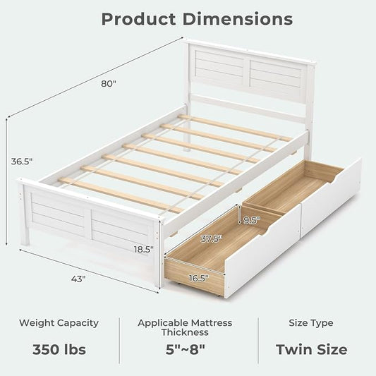 Giantex Wood Twin Bed with 2 Storage Drawers, Solid Wood Platform Bed with Headboard, Wooden Slats Support Mattress Foundation, No Spring Needed, Twin Bed Frame for Kids, Teens, Adults, White