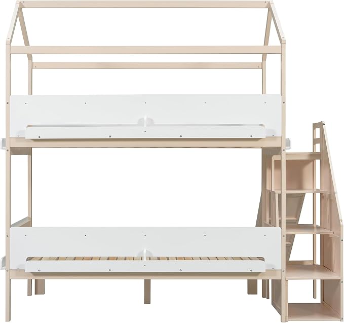 Harper & Bright Designs House Bunk Bed with Trundle and Bookshelf, Twin Over Full Bunk Bed with Slide and Stairs for Kids Teens Adults, Space Saving, No Box Spring Needed, Beige+White