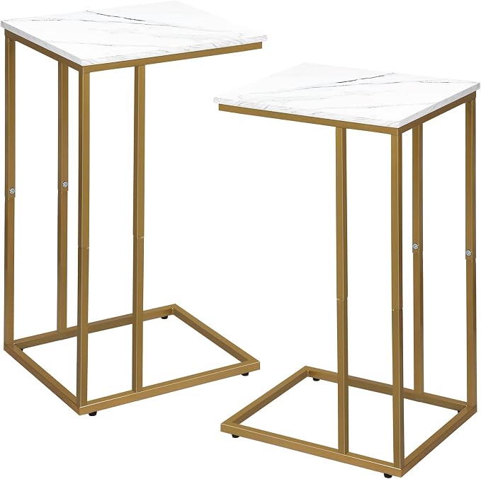 Possile C Shaped End Table Set of 2, Small Side Table for Sofa and Bed, Couch Tables That Slide Under, Snack Side Table for Living Room, Bedroom, White Faux Marble and Gold