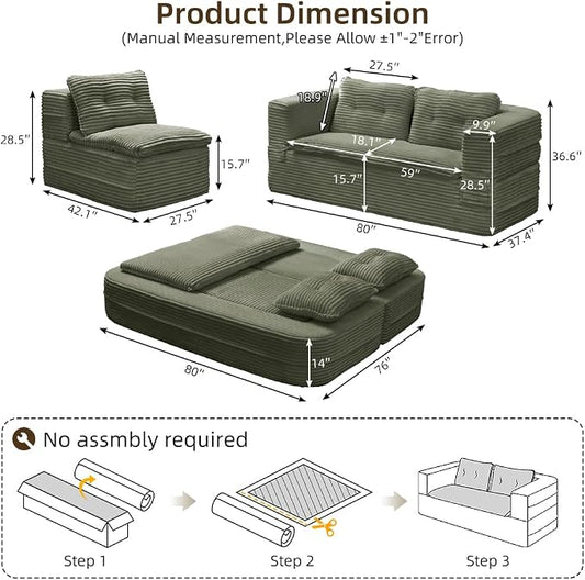80'' Futon Sofa Bed, King Size Foldable Sleeper Sofa, Corduroy Boneless Loveseat Couch with Chaise Lounge, 3 Pillows, Blanket, Upholstered Sectional Couches for Living Room,Bedroom, Pine Green