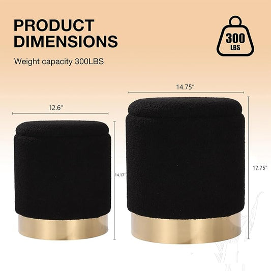 Round Ottoman with Storage Set of 2 Vanity Stool Foot Rest with Removable Lid for Bedroom Black Sherpa Storage Ottoman Stool for Living Room and Dorm Space Saving Assembly Free(Sherpa Black)