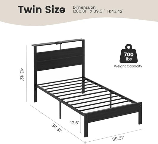 Twin Bed Frame with LED Lights & USB Charging Station, Black Metal Platform Bed with Storage Headboard, Under-Bed Space, Noise-Free & Sturdy, No Box Spring Needed, Easy Assembly