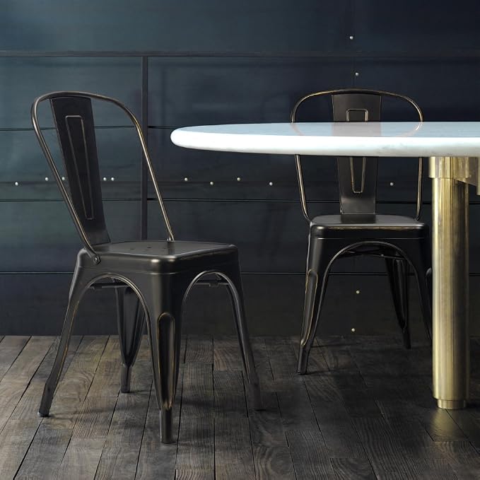 Devoko Metal Indoor-Outdoor Chairs Distressed Style Kitchen Dining Chairs Stackable Side Chairs with Back Set of 4 (Black Gold)
