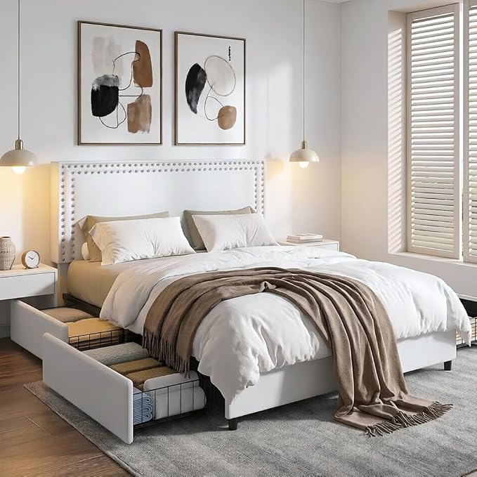 VECELO Queen Size Upholstered Bed Frame with 4 Storage Drawers, Adjustable Velvet Rivet Decor Headboard, Wooden Slats Platform Support, No Box Spring Needed, Easy Assembly,White