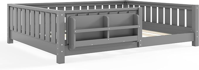 Bellemave Full Size Floor Bed with Slats and Guardrails, Full Size Montessori Floor Bed with Bookcase and Fence, Low Profile Montessori Beds for Kids, Gray Floor Beds Frame