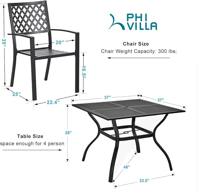 PHI VILLA 5 Pieces Outdoor Dining Set for 4, 37" Black Square Wrought Iron Table with Mesh Top & Stackable Metal Steel Chairs, Outside Furniture Set for Patio, Deck, Backyard, Porch