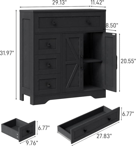 Vabches Farmhouse Storage Cabinet with 2 Doors and 4 Drawers, Freestanding Bathroom Storage Cabinet Kitchen Pantry, Floor Hutch Cupboard for Living Room/Bathroom/Kitchen,(Pure Black)