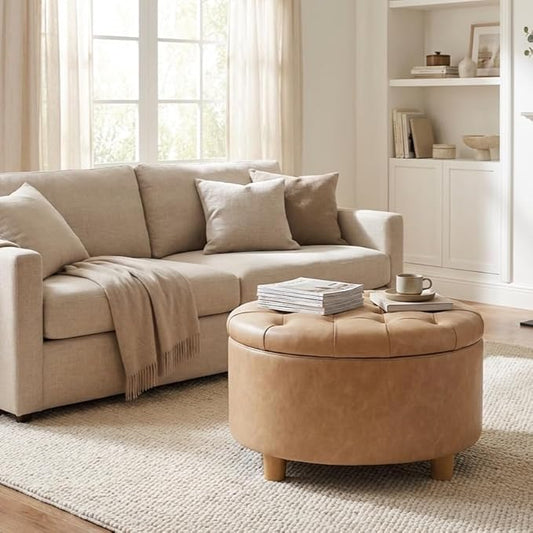 HomePop 28" Button Round Storage Ottoman - Light Camel Faux Leather