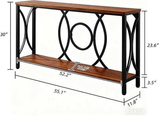 HOMISSUE Sofa Console Table, Rustic Console Table with Faux Marbled Tabletop, Engineered Wood Entryway Tables with 2 Tier Storage, Narrow Sofa Table for Living Room, Hallway (55 Inch, Rustic Brown)