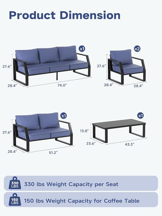 Oversized Modern Outdoor Patio Chair Set of 2 with 5" Thick Cushions, Deep Seat & Wide Armrests, Aluminum All-Weather Rustproof UV-Resistant Frame for Garden, Backyard, Porch